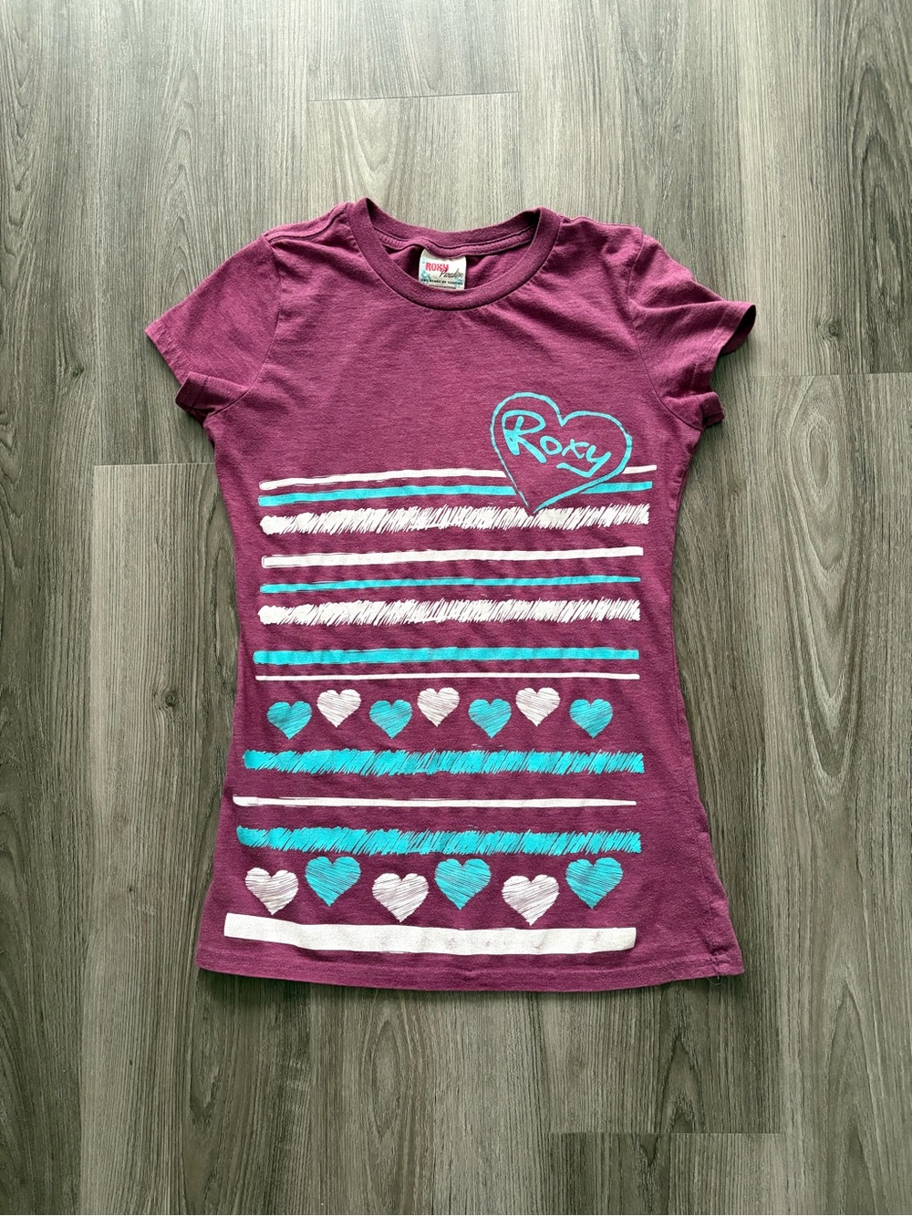 Vintage Roxy Purple Tee with Turquoise & White Heart Stripes